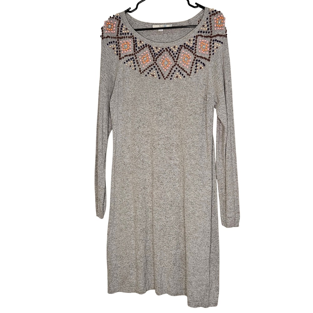 Boden Gray Knit Dress Embroidery Detail Bohemian Casual Long Sleeve Sz 12 Office